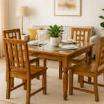 Premium Teak Wood 4-Seater Dining Table – 5x3 Ft with Decorative Mirror Top | Natural Finish