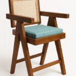 Handwoven Rattan & Teak Framed Accent Chair with Teal Linen Cushion