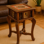 Handcrafted Teak Wood Pedestal Table with Melamine Finish – 18″ L × 18″ W × 28″ H Display Stand