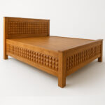 Queen Size Teak Wood Bed with Carved Design – 6.5x5 Feet | Handcrafted Wooden Cot | PU Natural Finish