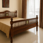 Chettinad Style Teak Wood Cot with Hand-Turned Spindles & Ceramic Tile Inlay – King Size, Premium Matte Finish