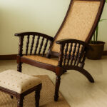 Premium Teak Wood Arm Chair with Rattan Backrest | Handcrafted Bar Chair | Matt Melamine Finish in Walnut | 41x21x21 Inches