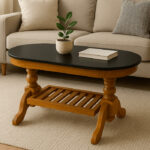 Elegant Teak Wood Oval Coffee Table with Black Glass Top – 38"L x 18"D x 19"H