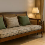 Chettinad Heritage Teak Wood Sofa Set with Handwoven Rattan & Traditional Cushions – 3+1+1 Seater, Premium PU Matte Finish